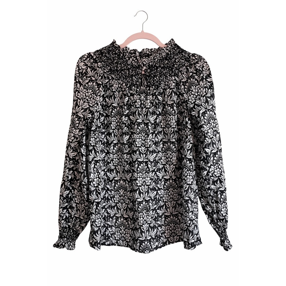Talbots Floral Blouse Medium Black White Metallic Smocked Boho Romantic